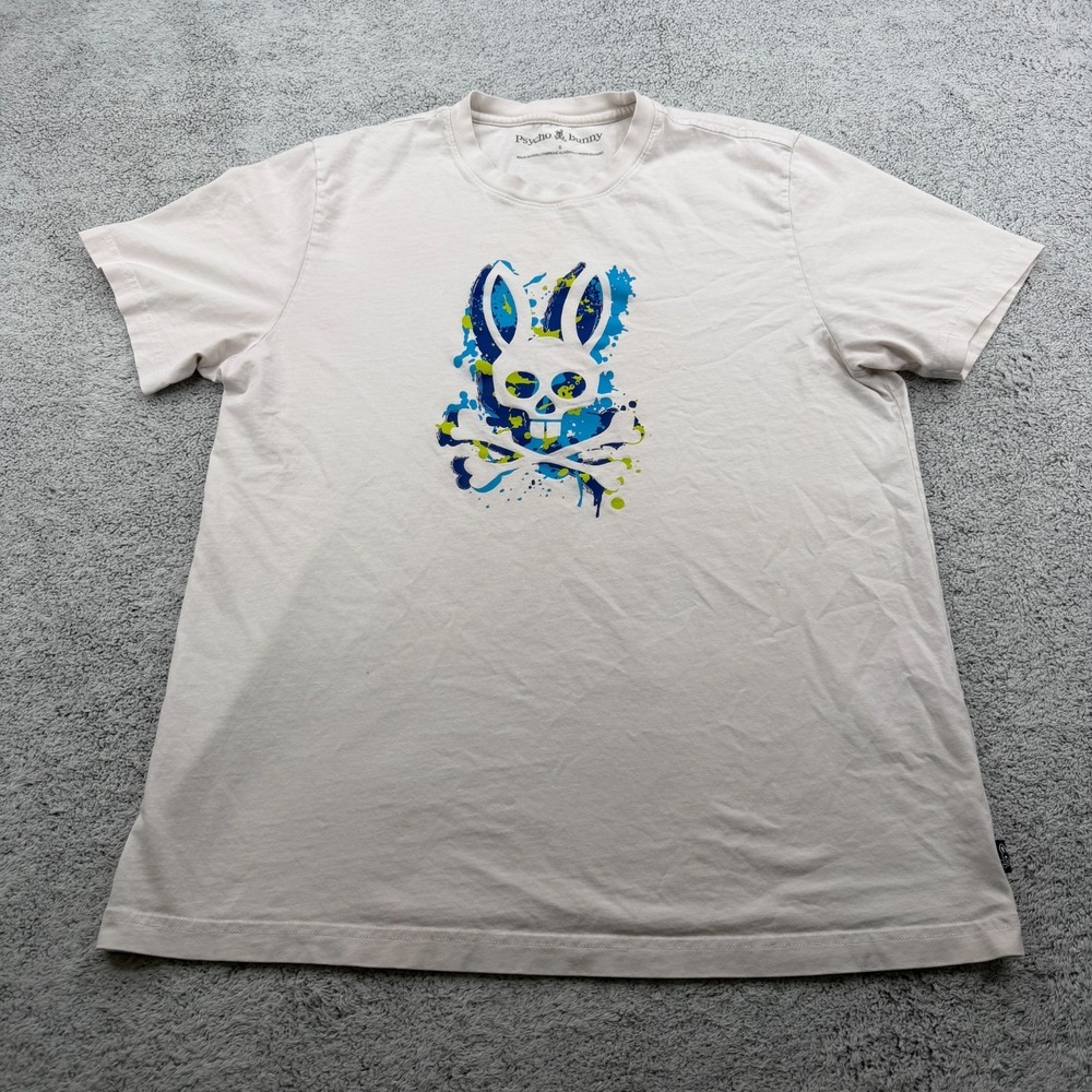 Psycho Bunny Shirt Mens 6 Large White Blue Skull Graphic Print Pima Cotton Tee